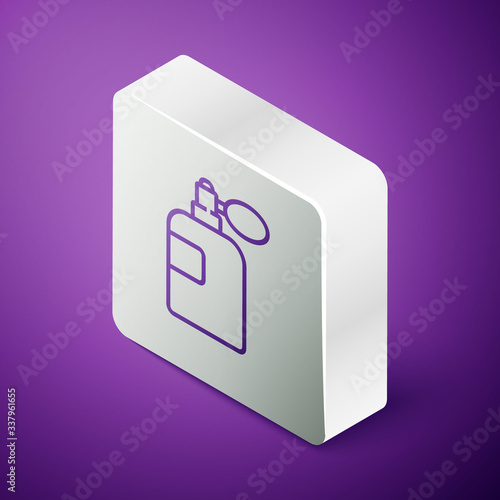 Isometric line Perfume icon isolated on purple background. Silver square button. Vector Illustration