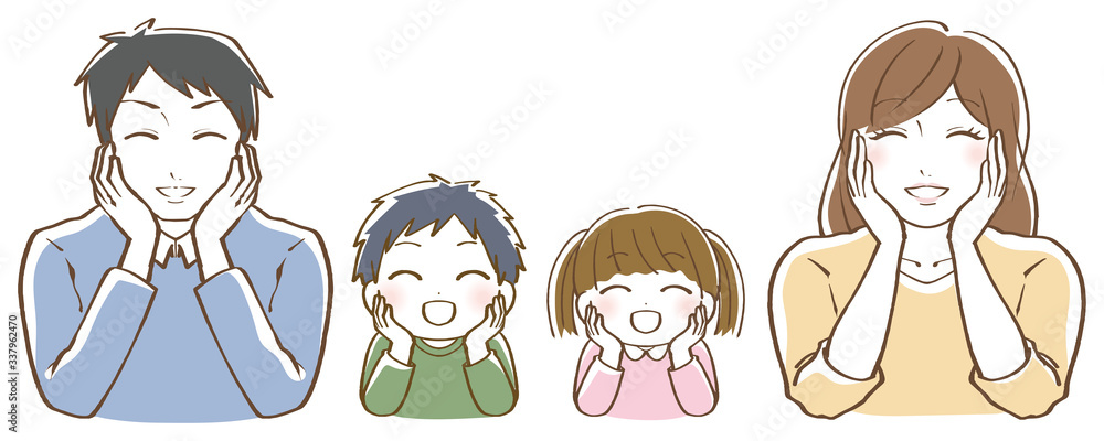 頬杖をつき笑顔の家族 のイラスト