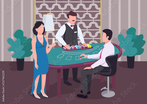 Casino flat color vector illustration. Dealer count stack of chips. Man at blackjack table. Woman with wine watch gambler. Player 2D cartoon characters in interior with croupier on background