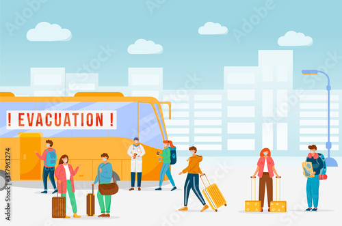 Emergency bus evacuation flat color vector illustration. Virus outbreak, civil protection measure. Area lockdown during epidemic. Quarantine 2D cartoon characters with cityscape on background