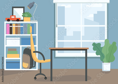 Childrens bedroom flat color vector illustration. Kids room with books and toys on shelves. Desk and chair as place for study. Livingroom 2D cartoon interior with decor on background