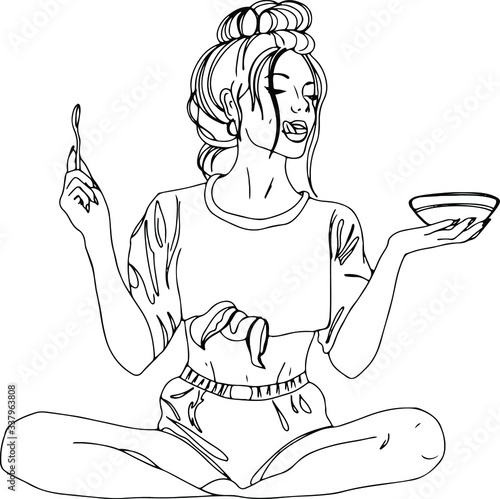 Trendy line art of girl in pajamas sitting in lotus position with a plate and spoon in her hands. Hand drawn vector illustration of young hungry woman. Isolated on white background. Doodle style.