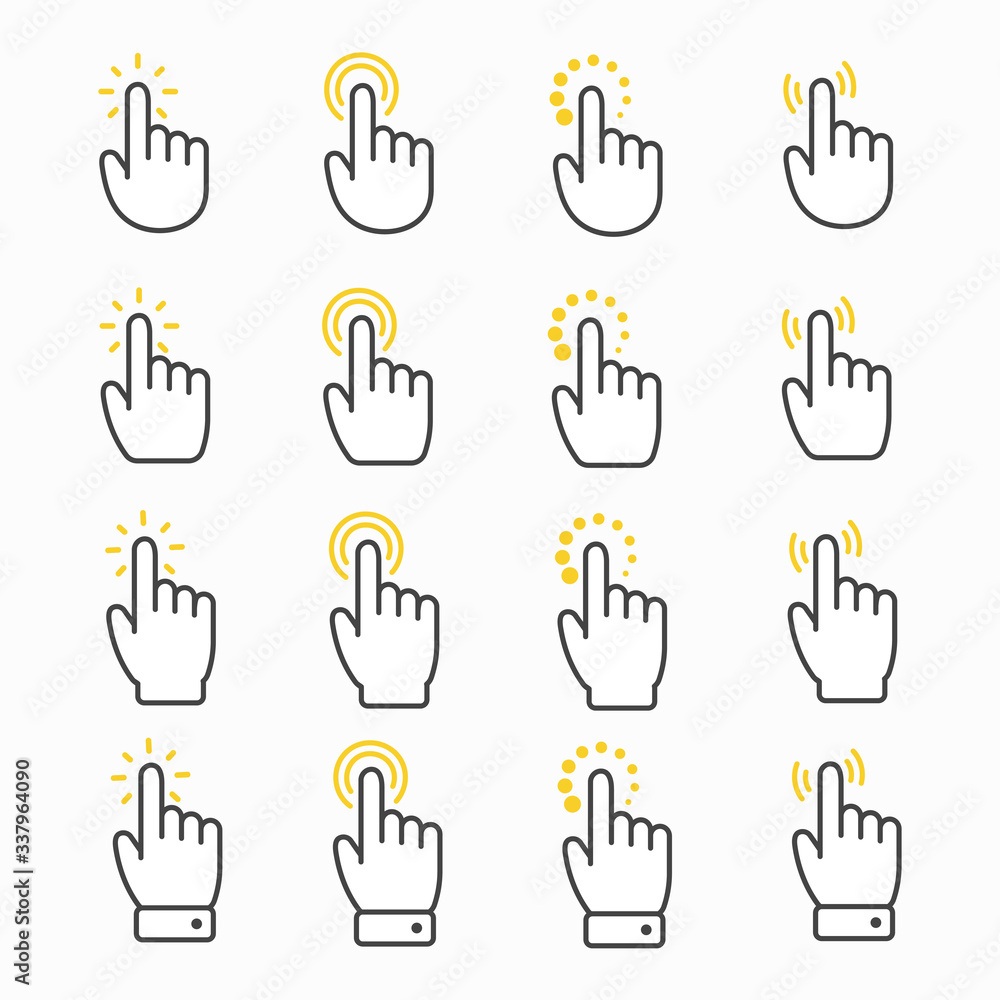 Hand shaped mouse cursor set Pointing and clicking. Touch screen concept Hand shaped mouse cursor set Pointing and clicking. Touch screen concept