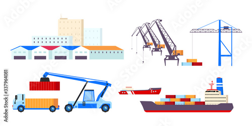 Maritime transportation flat color vector objects set. Freight ships, cargo containers, heavy cranes and warehouses 2D isolated cartoon illustrations on white background. Freight shipping business