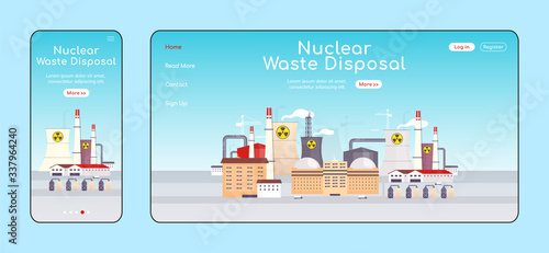 Nuclear waste disposal adaptive landing page flat color vector template. Atomic stations mobile and PC homepage layout. Chemical processing factory one page website UI. Webpage cross platform design