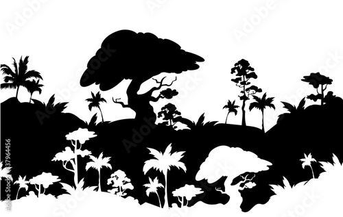 Jungle black silhouette vector illustration. Subtropical rainforest foliage. Trees and palms on hills. Panoramic wild nature. Tropical monochrome landscape. Exotic woods 2d cartoon shape