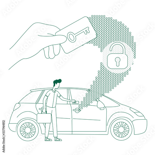 Keycard work, keyless lock opening thin line concept vector illustration. Man with electronic key, person opening vehicle door 2D cartoon character for web design. Car alarm creative idea