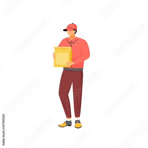 Restaurant food deliveryman, male courier with paper package flat color vector faceless character. Takeaway, meals delivery service isolated cartoon illustration for web graphic design and animation