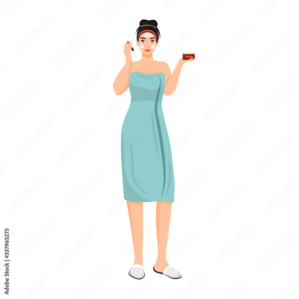 Woman in bathrobe applying face cream flat color vector faceless character. Girl using under eyes balm isolated cartoon illustration for web graphic design and animation. Skincare procedure Woman in bathrobe applying face cream flat color vector faceless character. Girl using under eyes balm isolated cartoon illustration for web graphic design and animation. Skincare procedure