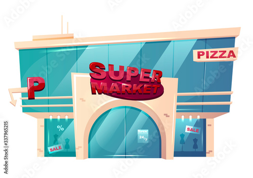 Supermarket front cartoon vector illustration. Mall building flat color object. Hypermarket shopfront with billboard. Retail center. Department store exterior isolated on white background