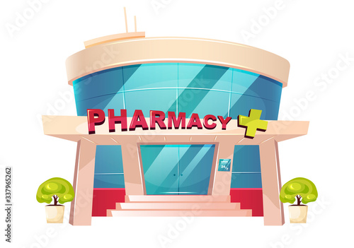 Pharmacy storefront cartoon vector illustration. Clinic building flat color object. Hospital exterior. Healthcare store facade. Drugstore entrance. Medication shop front isolated on white background