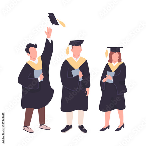 Happy graduates flat color vector faceless characters set. College students holding bachelor diplomas isolated cartoon illustrations on white background. People celebrate obtaining academic degree
