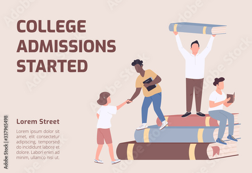 College admissions started banner flat vector template. University brochure, poster concept design with cartoon characters. Students enrollment horizontal flyer, leaflet with place for text