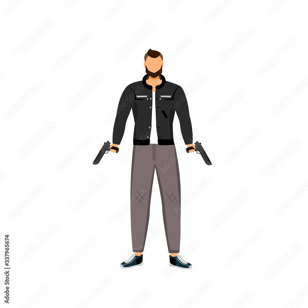Obraz premium Dangerous outlaw flat color vector faceless character. Armed bandit in leather jacket with guns isolated cartoon illustration for web graphic design and animation. Criminal holding weapons
