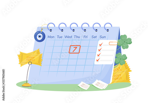 Tuesday 7th flat concept vector illustration. Calendar with lucky tickets and fortune talismans 2D cartoon composition for web design. Superstitious belief, lucky day creative idea. Good luck symbols