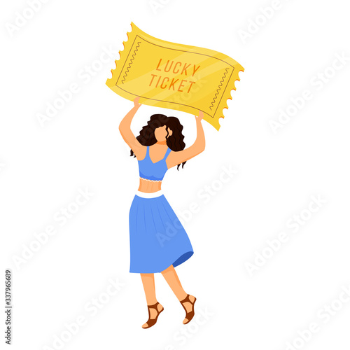 Lady with lucky ticket flat color vector faceless character. Young superstitious woman holding special ticket. Lottery winner isolated cartoon illustration for web graphic design and animation