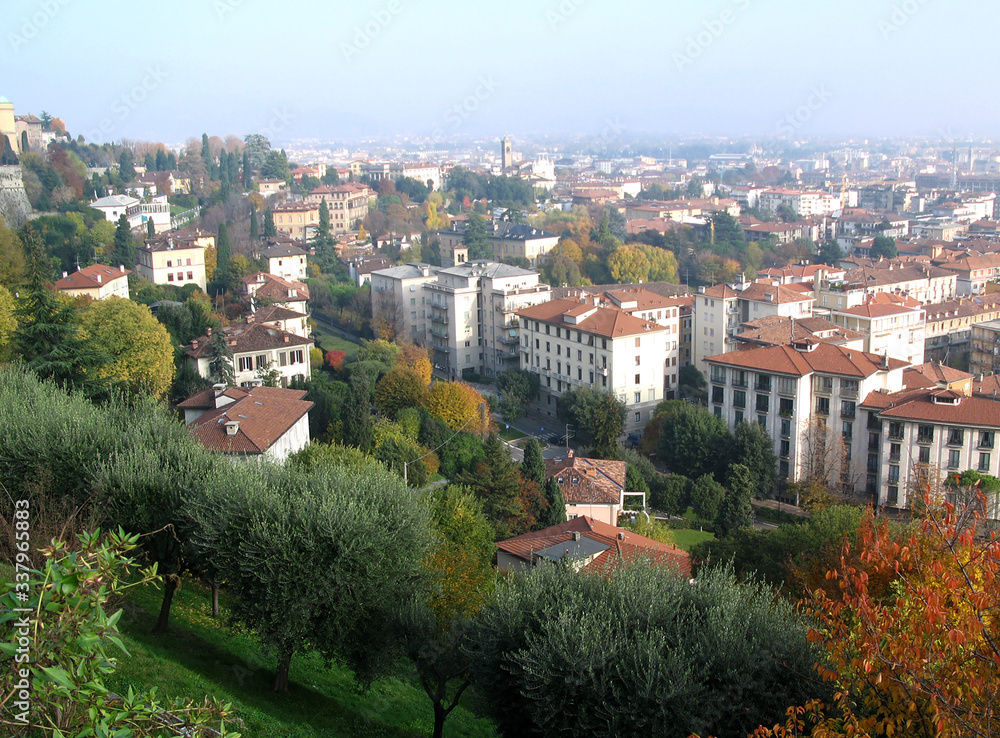 Italy, Bergamo city view from the ramparts of the old city. City landscape