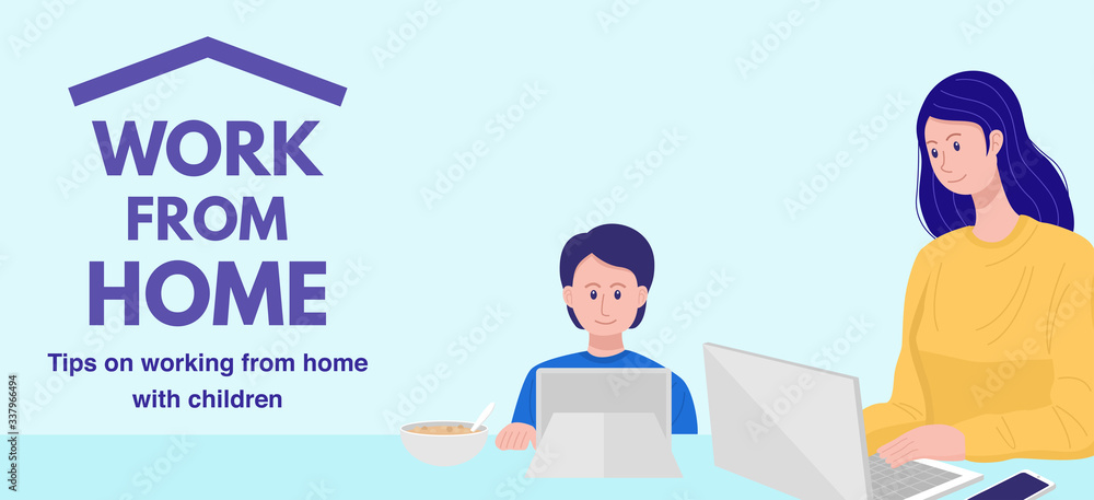 Work from home concept, Mother working on laptop while her son watching cartoon. Vector Work from home concept, Mother working on laptop while her son watching cartoon. Vector