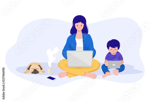 Work from home concept, Mother working on laptop while her son watching cartoon. Vector