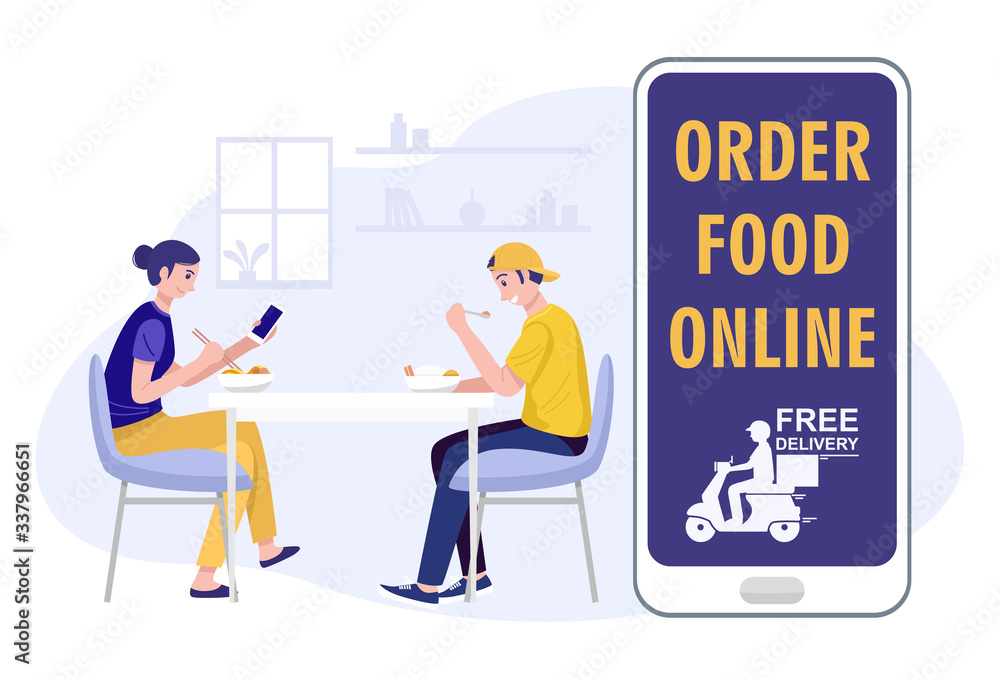 Food order online concept, A young couple eating food a home. Vector