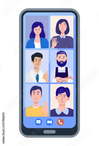 Illustration of people at video conference on smartphone. Vector