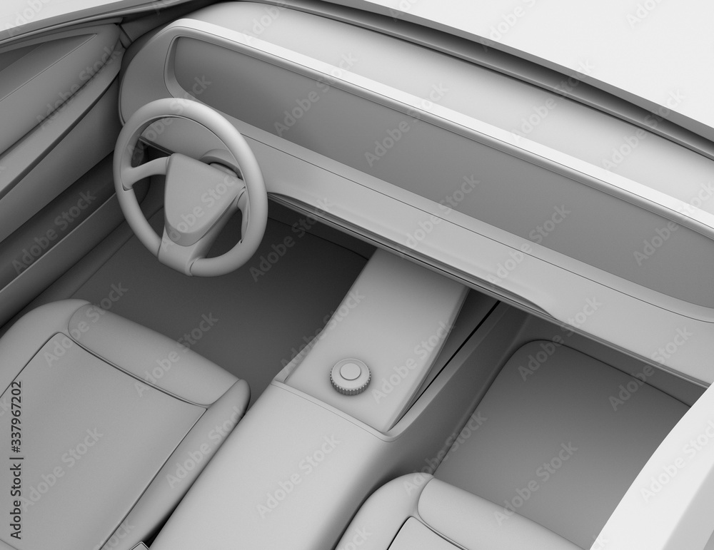 Clay rendering of self-driving electric car. Wide digital multimedia screen. 3D rendering image. Clay rendering of self-driving electric car. Wide digital multimedia screen. 3D rendering image.