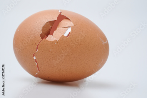 Broken egg shell on white background