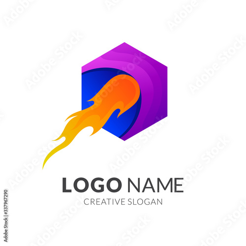 Comet launch logo with hexagon background. Meteor fire logo design
