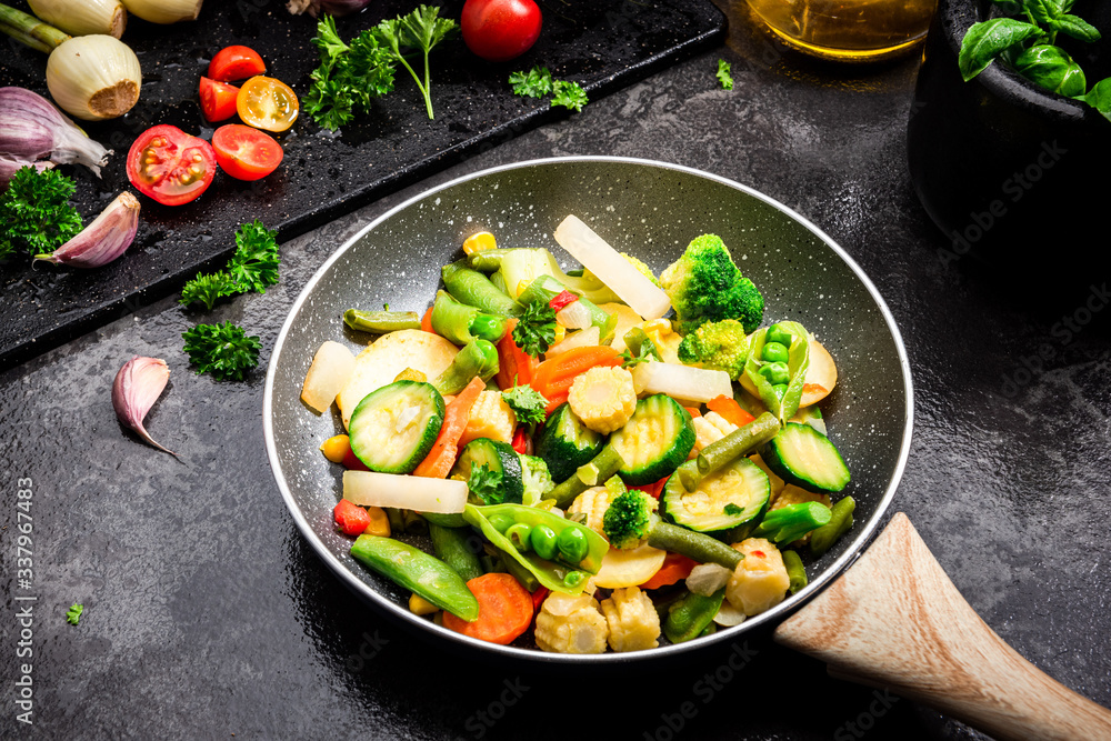 Stir Fry Vegetables on Pan Close Up View. Clean Healthy Eating. Vegetable Mix. Green Diet Stir Fry Vegetables on Pan Close Up View. Clean Healthy Eating. Vegetable Mix. Green Diet