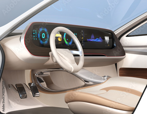 Close-up view of self-driving electric car's dashboard.  Wide digital multimedia screen. 3D rendering image. © chesky