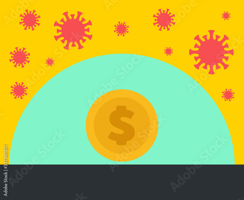 Bacteria and coin under dome. Abstract design concept with world coronavirus pandemic and crisis of global financial business system. Creative minimalistic cartoon composition. Vector illustration.
