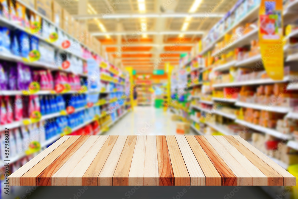 Wood floor and Supermarket blur background, Product display, template,