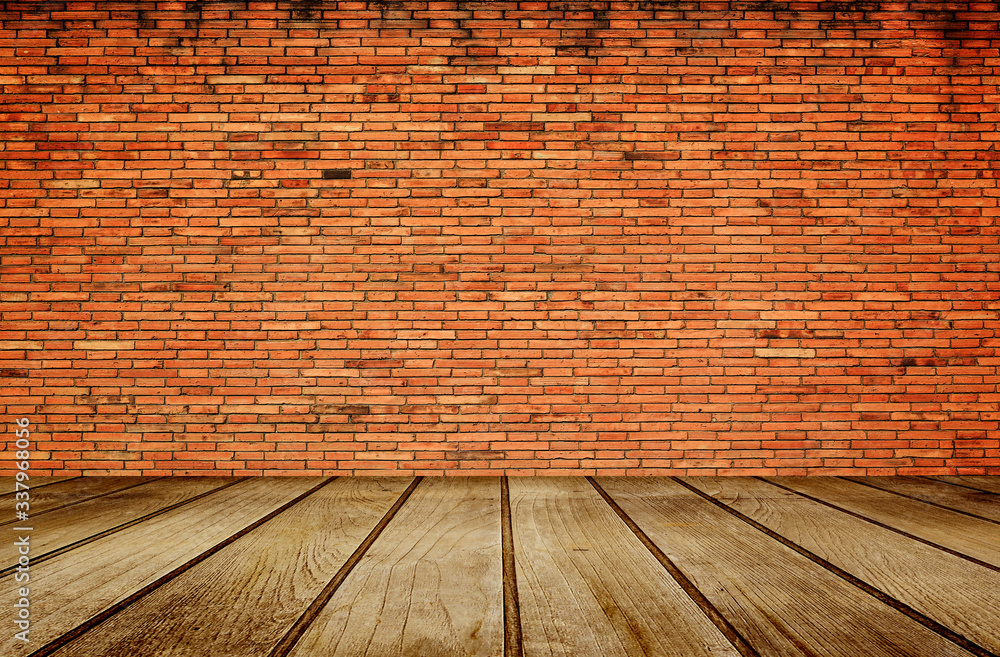 Perspective wooden floor with red brick wall in background Perspective wooden floor with red brick wall in background