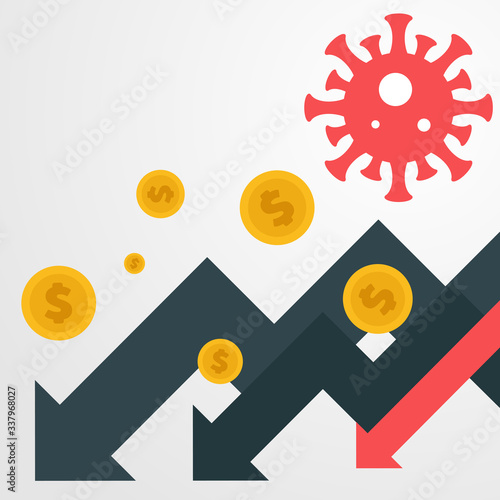 Falling money with bacteria. Abstract design concept with world coronavirus pandemic and crisis of global financial business system. Creative minimalistic cartoon composition. Vector illustration.