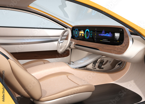 Interior of self-driving electric car equip with wide digital multimedia screen. Generic design. 3D rendering image. © chesky