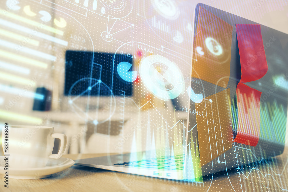Multi exposure of desktop computer and technology theme hologram. Concept of software development. Multi exposure of desktop computer and technology theme hologram. Concept of software development.