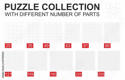 BIG PUZZLE SET. puzzle collection with different number of parts. Vector parts of paper jigsaw puzzle set.