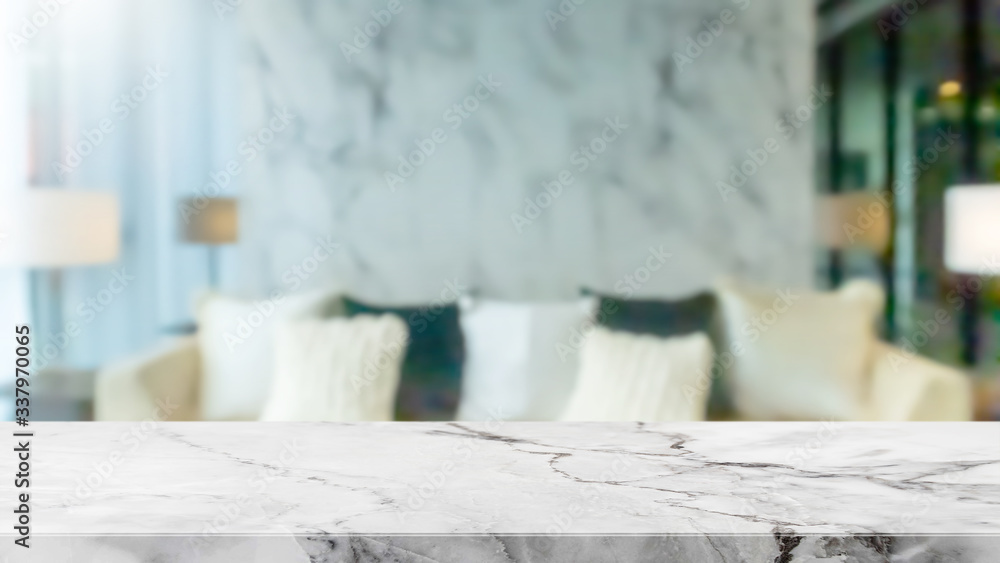 Empty white marble stone table top and blurred home interior with curtain window background. - can used for display or montage your products.