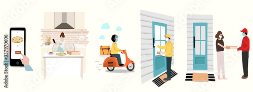Online delivery contactless service to home,office by motorcycle. delivery man is waring mark to prevent coronavirus