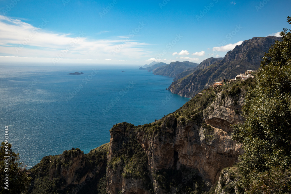 Beautiful view of Amalfi coast seen from the Path of the Gods (Sentiero degli Dei) Trekking route from Agerola to Nocelle, Campania, Italy
