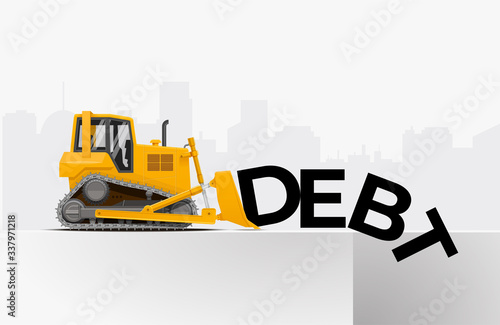 Yellow dozer push the word debt to the pit. Debt relief financial freedom concept. Vector illustration.