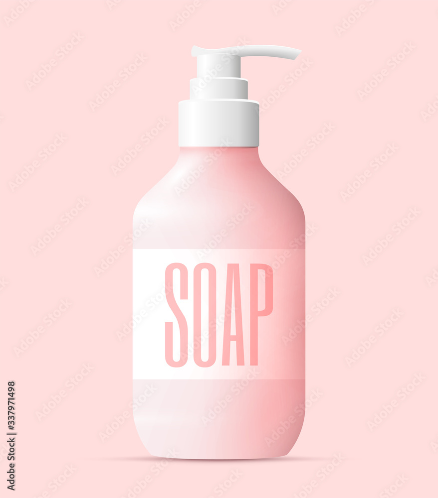 Realistic pink liquid soap bottle with white pump. Washing hands concept. Vector illustration Realistic pink liquid soap bottle with white pump. Washing hands concept. Vector illustration