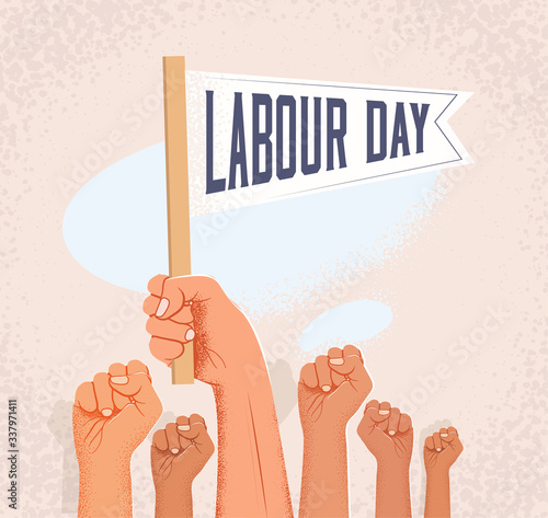 Group of raised fists and hand holding flag with labour day caption. Vector illustration
