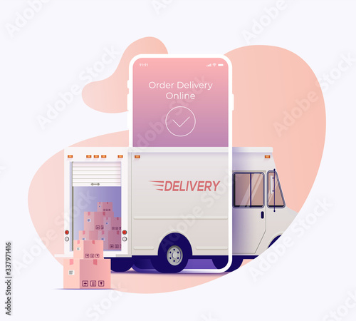 Delivery truck arrives through smartphone screen display with opened trunk and packages outside. Order and track delivery online service banner design concept. Vector illustration.