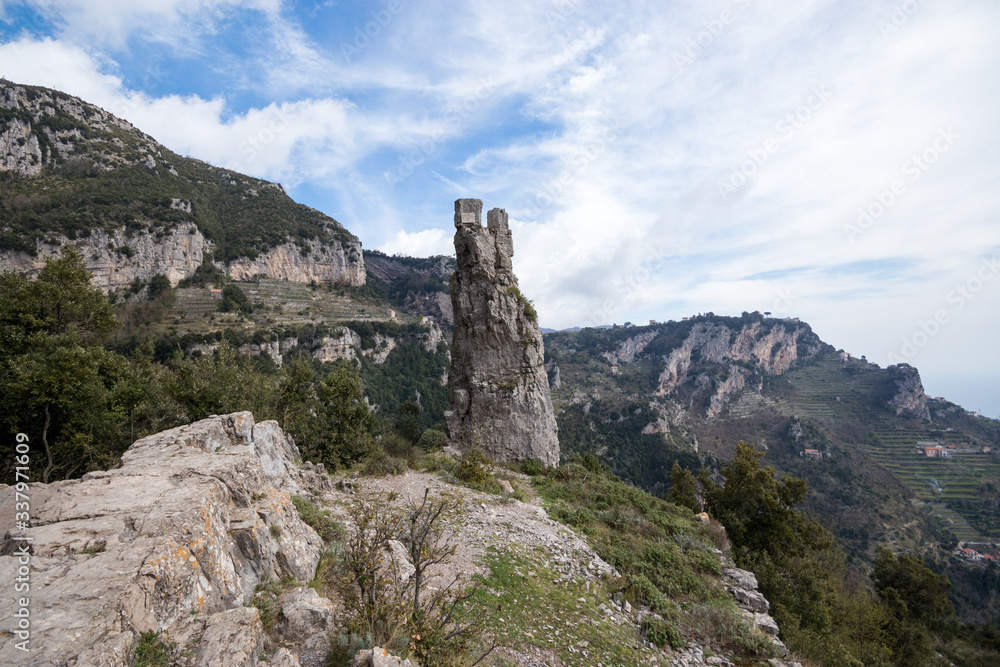 rock in the shape of a tooth on trekking route from Agerola to Nocelle in Amalfi coast, called 