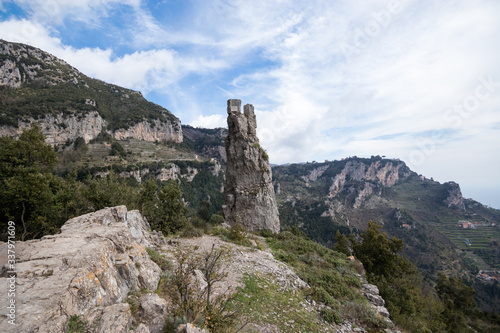 rock in the shape of a tooth on trekking route from Agerola to Nocelle in Amalfi coast, called "The Path of the Gods" (il Sentiero degli dei)in Campania, Italy