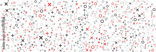 Retro Eighties Pattern Abstract Background on white background for wide banner. Square cross triangle circle