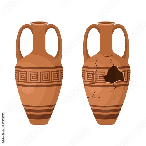 Whole and broken ancient amphora icon with two handles. Antique clay vase jar, Old traditional vintage pot. Ceramic jug archaeological artefact. Greek or Roman vessel pottery for wine or oil. Vector