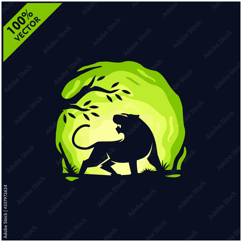 Obraz premium Tiger leopard with tree and sky background safari zoo logo vector 