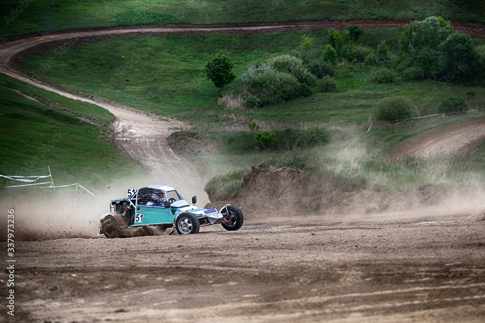 Racing sports car in dust clubs on the track , rally Racing sports car in dust clubs on the track , rally
